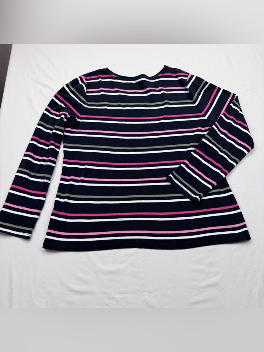 Talbots Navy V-Neck Long Sleeve Top with Pink & White Stripes - Picture 2 of 9